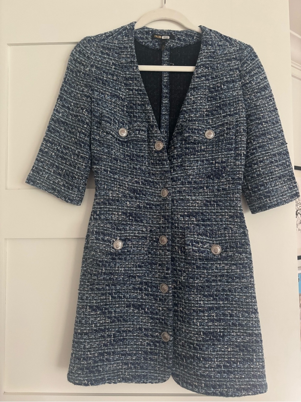 Maje Navy and White Tweed Short Sleeve Blazer Dress